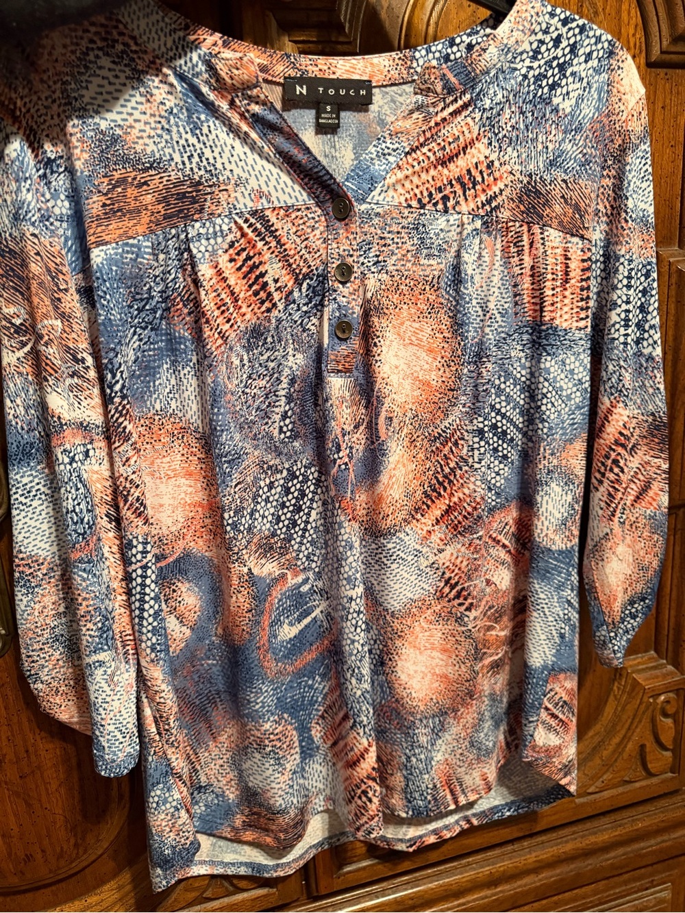 N Touch Coral and Blue Patterned Henley Tunic